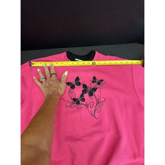Y2K Vintage Grandma Butterfly Sweatshirt Morning Sun Embroider Medium Pink/Black - Picture 7 of 13
